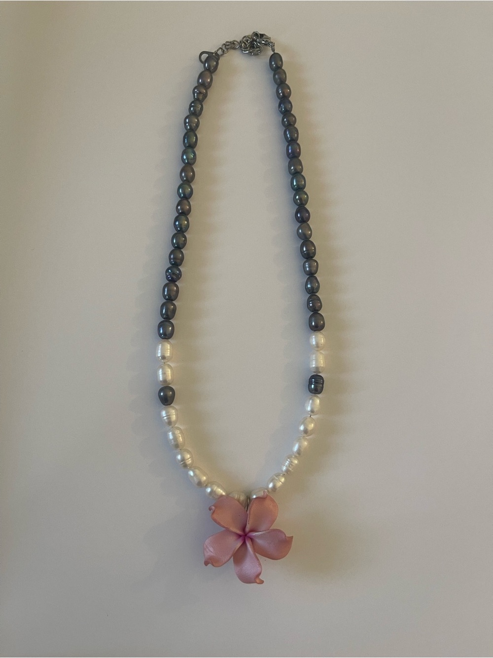 Brand: Mother of Pearl 
Pink Flower Necklace with White and Dark Pearls
